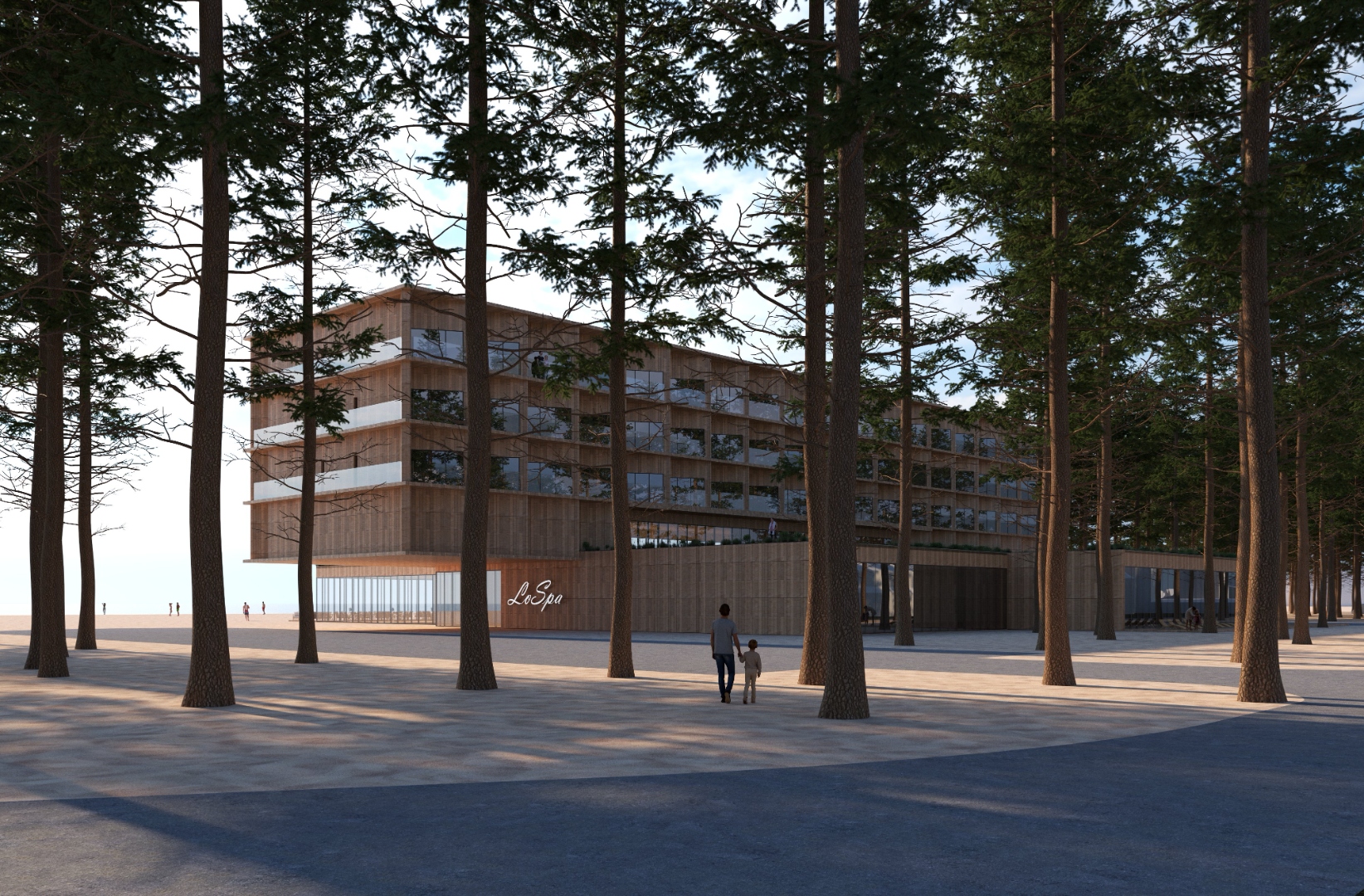 LoSpa forest front view render — six-story timber building among pine trees