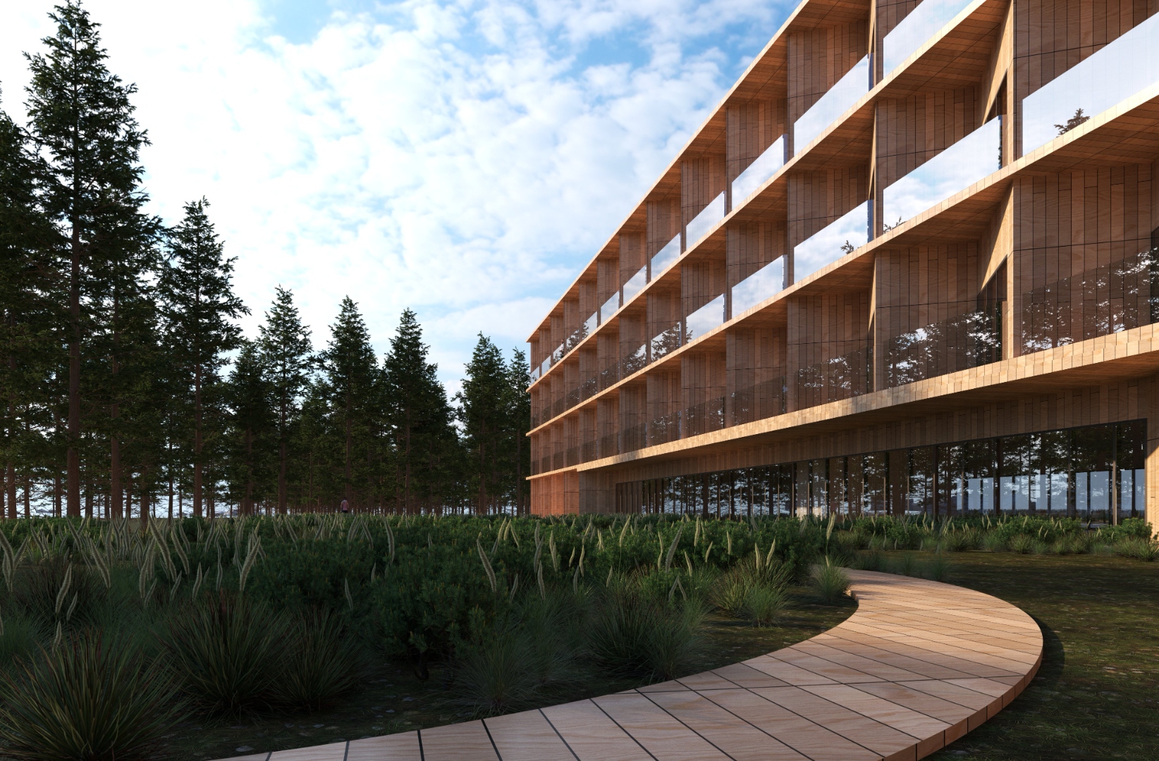 LoSpa forest pathway render — pine-lined walkway leading to the spa hotel