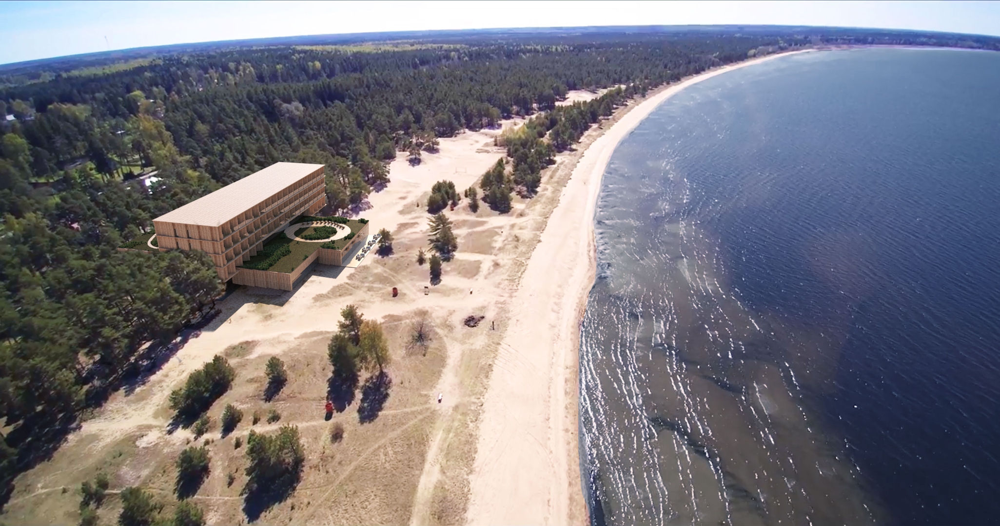 LoSpa aerial drone render — bird's eye view of hotel, forest and beach