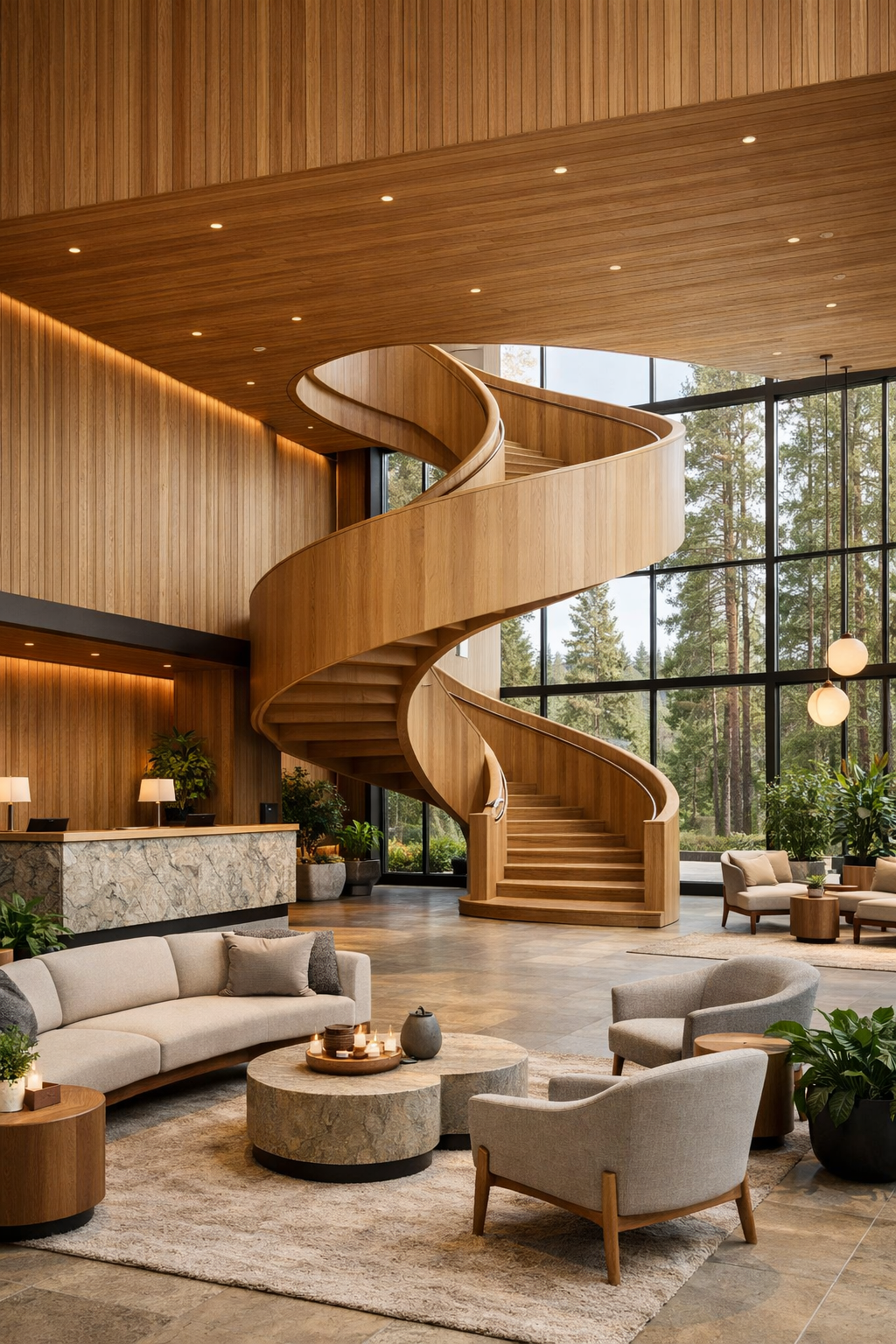 LoSpa lobby interior vision — spacious modern lobby with natural materials and sea views