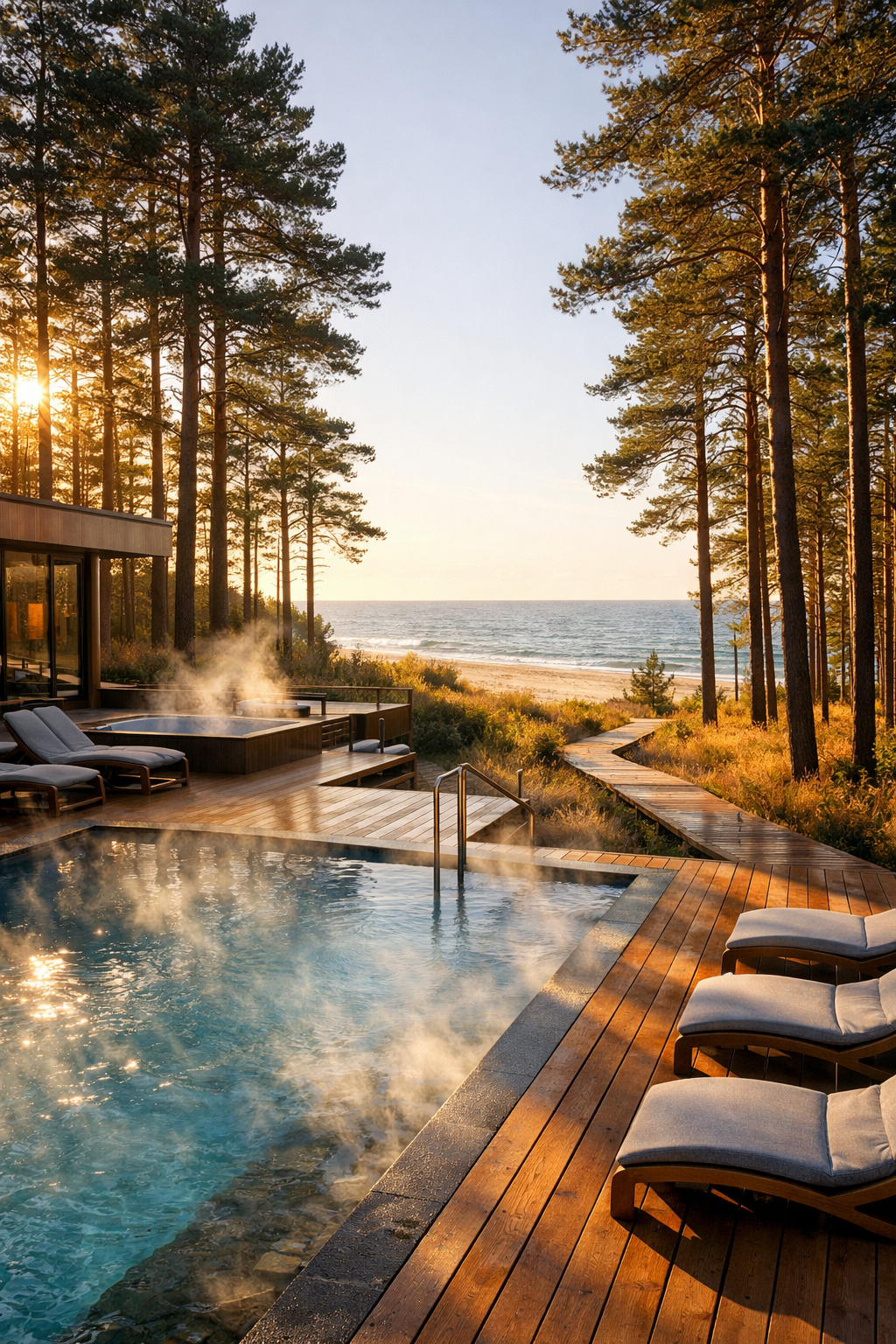LoSpa outdoor spa and beach — wellness pools surrounded by pine trees near the beach